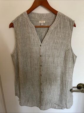 Weatherproof Vintage Striped Sleeveless Linen-Blend Top in Green and White